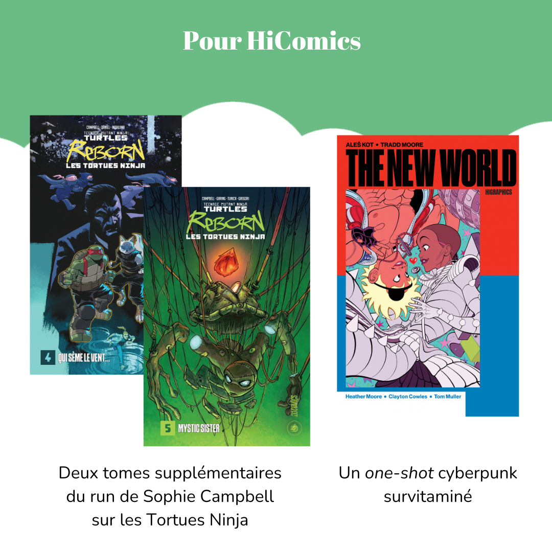 Pour HiComics Visuel des tomes 4 et 5 du comics « TMNT Reborn ». Légende : Deux tomes supplémentaires du run de Sophie Campbell sur les Tortues Ninja. Visuel du comics « The New World » d’Ales Kot et Tradd Moore. Légende : Un one-shot cyberpunk survitaminé.